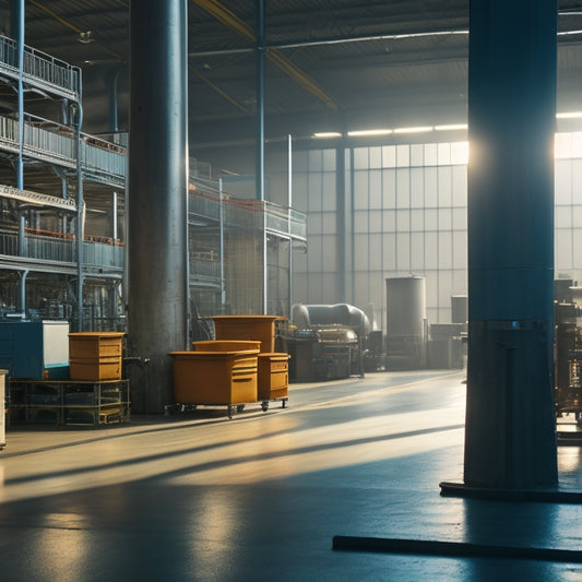 A stylized, modern factory interior with rows of sleek, silver machinery and translucent plastic tubs in various stages of production, flooded with soft, warm light and subtle shadows.