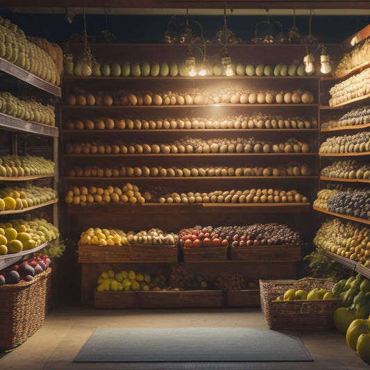 A dimly lit, spotless ripening room with rows of neatly arranged, temperature-controlled shelves, featuring various fruits at different stages of ripeness, surrounded by subtle hints of mist and soft, warm lighting.