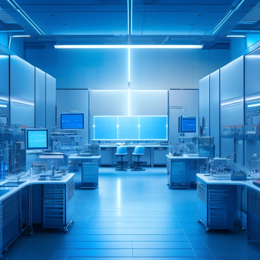 A futuristic laboratory scene with sleek, silver workstations, rows of gleaming solar panels, and a prominent, high-tech battery prototype glowing with a soft blue light amidst a halo of circuit boards and wires.