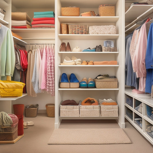A messy reach-in closet with cluttered shelves and a jumbled floor transitions into a organized space with maximized storage, featuring a double rod, shelves with baskets, and a shoe organizer.