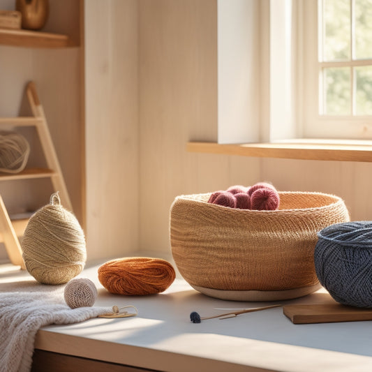 A serene, minimalist workspace with a wicker basket set in the center, surrounded by balls of yarn, knitting needles, and a few half-finished projects, bathed in soft, warm natural light.