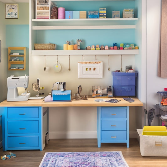 A clutter-free, well-lit mini craft room with a compact desk, organized shelves, and labeled storage bins, featuring a sewing machine, scissors, and a half-finished craft project on the work surface.