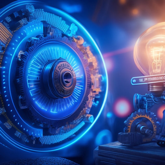 A futuristic dashboard with gears, cogs, and wires surrounding a central PDF icon, with a lightbulb moment above it, amidst a background of swirling blue and orange lights, evoking innovation and speed.