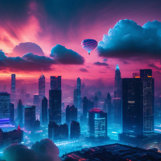 A futuristic cityscape at dusk, with sleek skyscrapers and neon lights, surrounded by swirling clouds of 1s and 0s, with tiny hard drives and SD cards floating upwards like balloons.