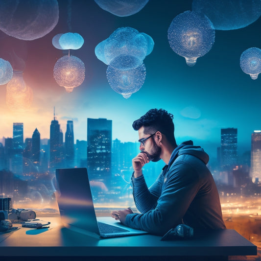 A futuristic, minimalist illustration of a person sitting in front of a laptop, surrounded by swirling clouds of light bulbs, gears, and puzzle pieces, with a subtle cityscape in the background.