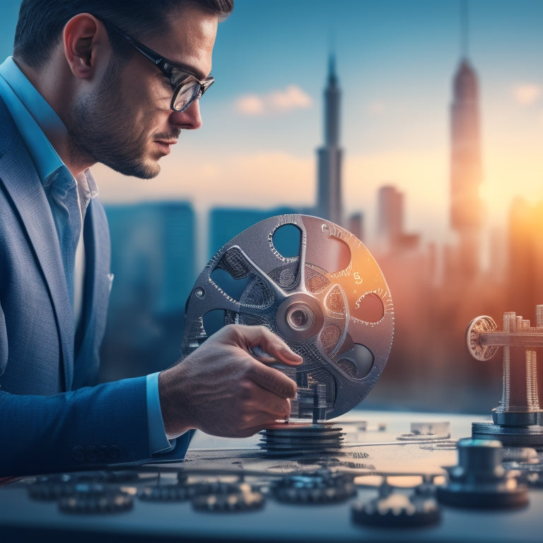 A minimalist illustration featuring a small business owner surrounded by interconnected gears, cogs, and puzzle pieces, with a subtle cityscape or storefront in the background.