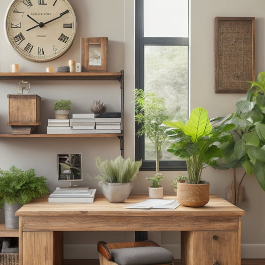A serene, well-organized home office with a reclaimed wood desk, a few neatly labeled storage bins, and a stylish shelf with a few decorative plants and a simple, elegant clock.