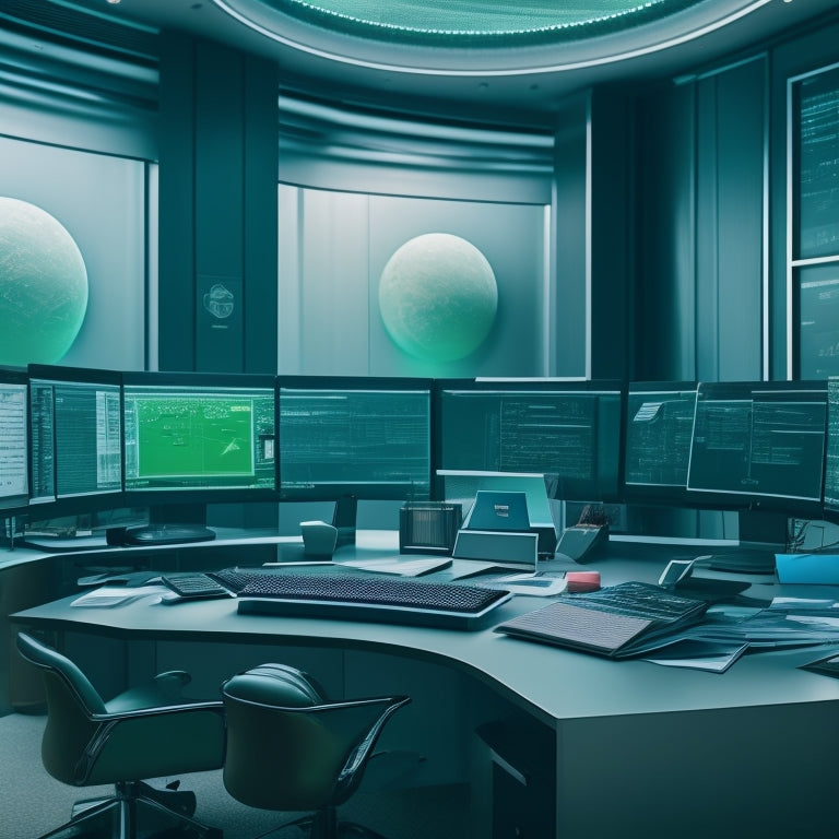 A futuristic workplace with a computer screen displaying a digital Form I-9, surrounded by scattered paper forms, passports, and ID cards, with a subtle green checkmark icon hovering above.