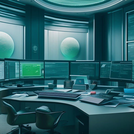 A futuristic workplace with a computer screen displaying a digital Form I-9, surrounded by scattered paper forms, passports, and ID cards, with a subtle green checkmark icon hovering above.