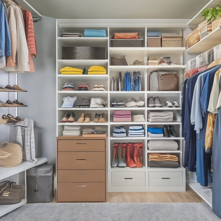 A cluttered small closet with clothes scattered on the floor, overflowing shelves, and a jumbled mess of shoes, contrasted with a matching closet in the background featuring a sleek, custom storage system with organized shelves, drawers, and a shoe rack.