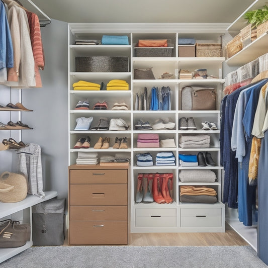 A cluttered small closet with clothes scattered on the floor, overflowing shelves, and a jumbled mess of shoes, contrasted with a matching closet in the background featuring a sleek, custom storage system with organized shelves, drawers, and a shoe rack.