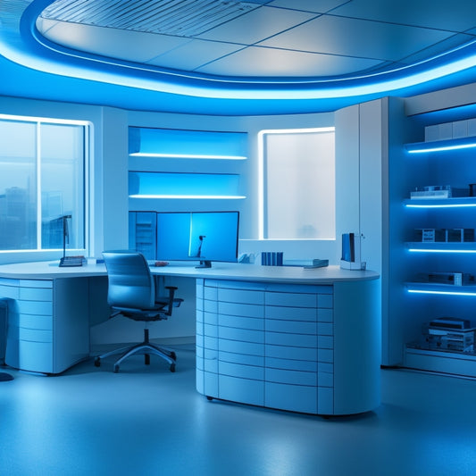 A futuristic, minimalist office with a sleek, curved Symbiote Storage unit against a wall, its translucent shelves and drawers glowing with soft blue light, surrounded by tidy workstations and ergonomic chairs.