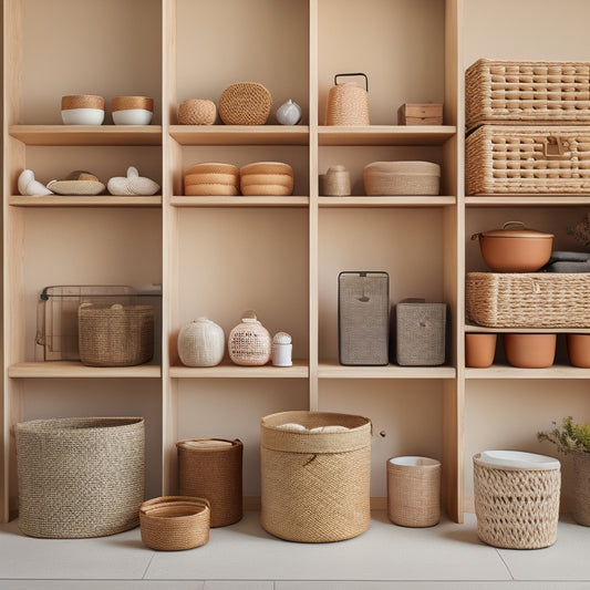 A beautifully styled shelf with 5-7 assorted storage bins in varying shapes, sizes, and materials, such as woven baskets, wooden crates, and fabric-covered containers, in a minimalist, neutral-colored room.