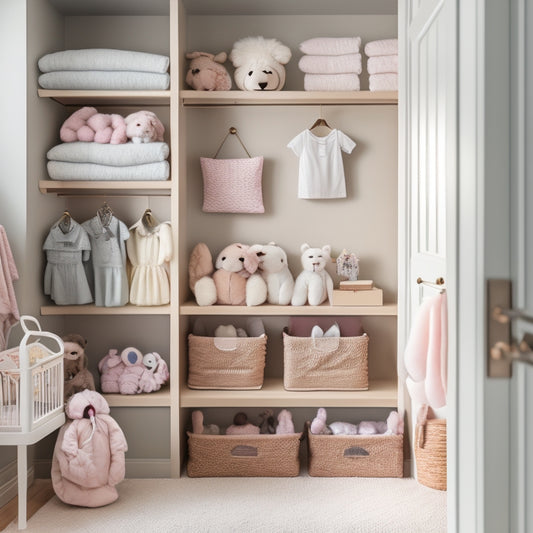 A serene, minimalist nursery closet with soft, warm lighting, featuring a neatly organized array of pastel-hued clothing, baskets, and shelves, with a few carefully placed wooden hangers and a plush, stuffed animal peeking out.
