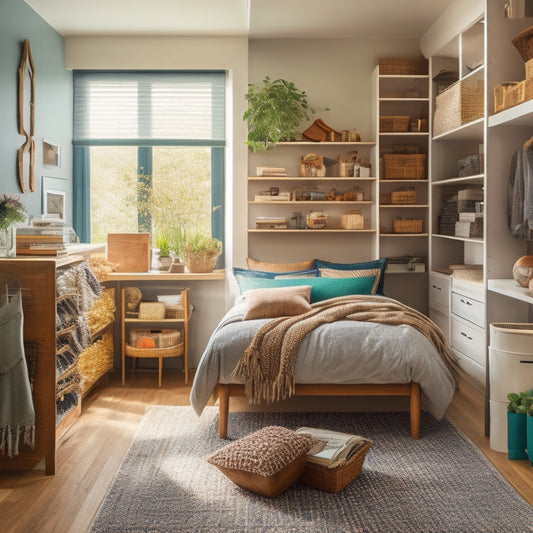 An organized small bedroom with a lofted bed, storage cubbies underneath, and a floor-to-ceiling shelf with woven baskets, showcasing a peaceful and clutter-free space.
