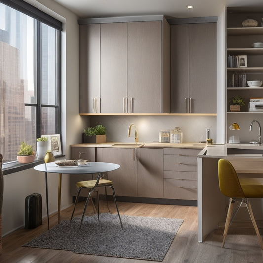 A clutter-free, 300-square-foot studio apartment with a murphy bed, a compact kitchen, and a small desk area, illuminated by large windows and filled with minimal, multi-functional furniture.