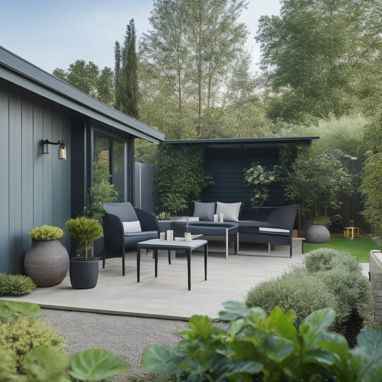 A serene backyard with a sleek, modern shed, surrounded by lush greenery and a few outdoor furniture pieces, featuring a tablet and a smartphone on a nearby table, with a subtle wifi signal icon above.