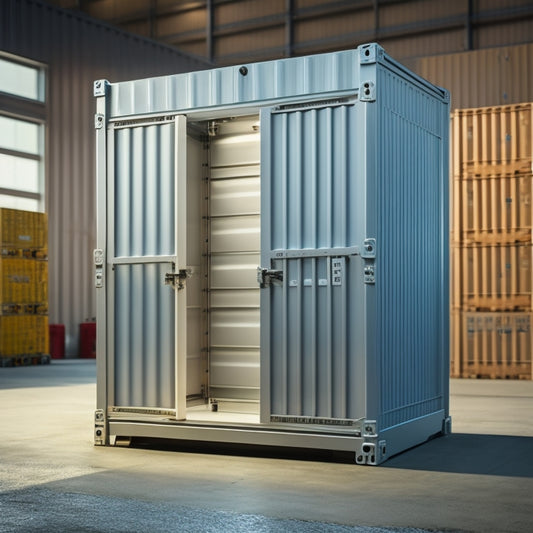 A large, sleek, silver storage container with a slightly ajar door, revealing a hint of organized stacks of boxes and crates, set against a clean, modern warehouse backdrop with subtle lighting.