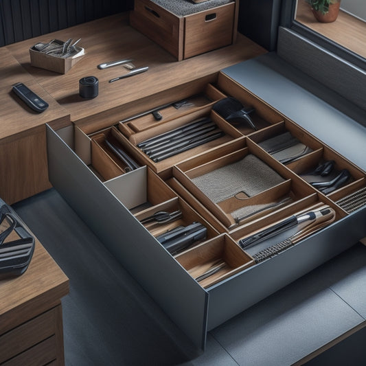 A sleek, modern storage organizer with sliding drawers, situated in a tidy room with a few scattered tools and a partially opened manual lying on a nearby workbench, surrounded by subtle shadows.