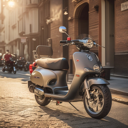A Honda Ruckus 50 scooter parked on a sun-drenched city street, with a partially opened manual lying on the seat, surrounded by scattered tools and a helmet in the background.