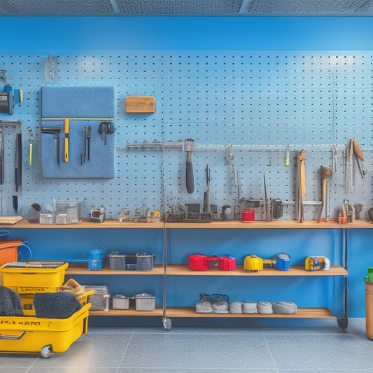 A clutter-free workshop with a pegboard on the wall, holding neatly arranged tools in labeled bins, and a sleek, silver toolbox with a sliding drawer in the center, surrounded by a clean, gray floor.