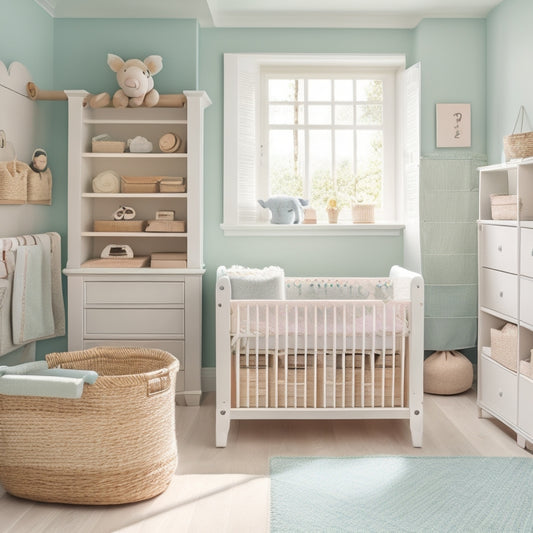 A serene, pastel-hued nursery with a crib against a wall, surrounded by clever storage solutions: woven baskets, hanging shelves, and a changing table with built-in drawers and bins.