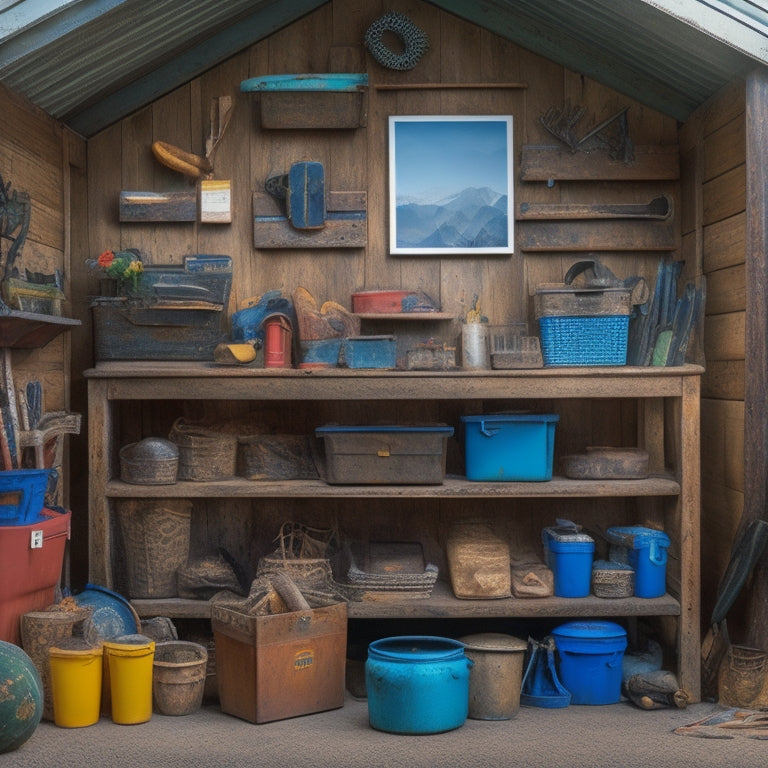 A cluttered shed with rusty tools and storage bins overflowing with contents, contrasted with a tidy digital storage system on a tablet, showcasing organized categories and easily accessible items.
