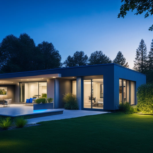 A serene, modern home at dusk, with a sleek, compact battery system installed on the exterior wall, illuminated by soft blue LED lights, surrounded by lush greenery and a sunny sky.