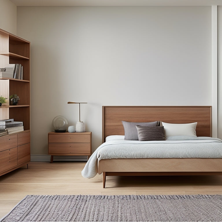 A minimalist bedroom with a sleek, low-profile bed frame featuring built-in drawers and shelves in a warm, natural wood tone, surrounded by neutral-colored walls and a few carefully placed decorative items.