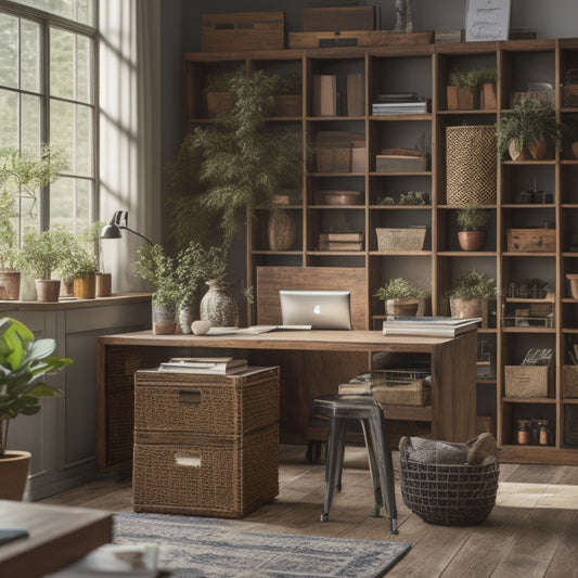 A tidy, modern home office with a wooden desk, surrounded by stacked, rustic wooden crates of varying sizes, filled with neatly organized office supplies, books, and decorative plants.