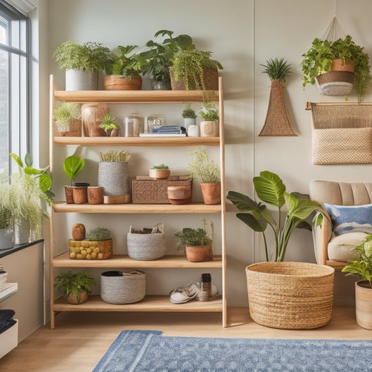 A tidy, well-lit, modern living room with a mix of DIY storage solutions: woven baskets, labeled shelves, hanging organizers, and a pegboard with hooks, all surrounded by minimal decor and a few potted plants.