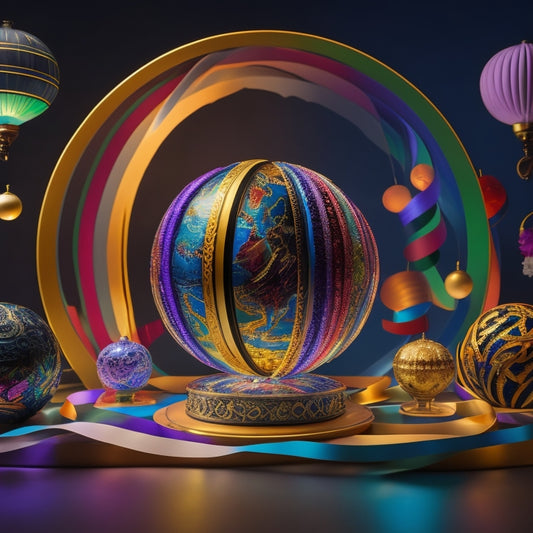An illuminated globe surrounded by swirling ribbons of colorful paper, with 3D printing machines and inkjet printers in the background, amidst a backdrop of vibrant, abstract shapes and patterns.