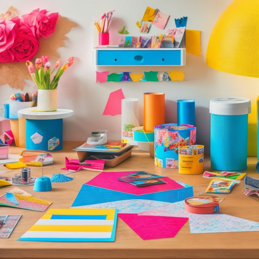 A colorful, organized workspace with various sticker papers, scissors, a cutting mat, and a printer, surrounded by creative DIY projects and decorative stickers in different shapes and sizes.
