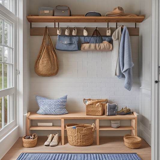 A clutter-free mudroom with a tall, narrow shelving unit against a wall, baskets and bins of various sizes, a row of hooks for hanging jackets and bags, and a bench with built-in storage.