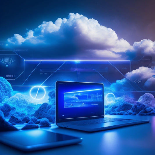 A futuristic, minimalist illustration of interconnected devices (laptops, smartphones, tablets) surrounded by swirling clouds of data, with subtle, glowing blue lines representing file syncing.