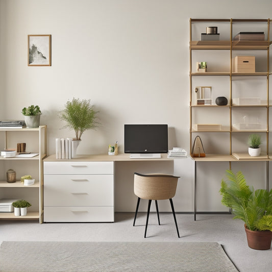 An organized, minimalist home office with a sleek, wall-mounted desk, a compact shelving unit with neatly stacked storage bins, and a ergonomic chair with a subtle, nature-inspired pattern.