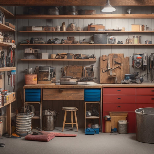 A cluttered garage with scattered tools and boxes transitioning into a tidy space with DIY shelves, bins, and a pegboard, surrounded by a subtle hint of a custom system in the background.
