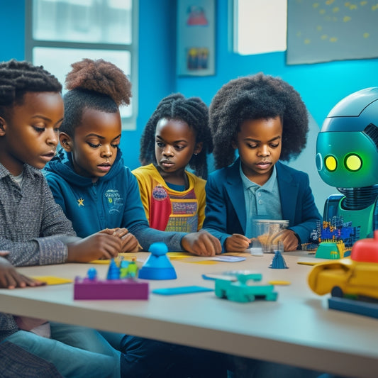 A colorful, futuristic classroom scene with diverse kids aged 8-12, surrounded by robots of varying shapes and sizes, with coding screens and robotic arms building, creating, and learning together.