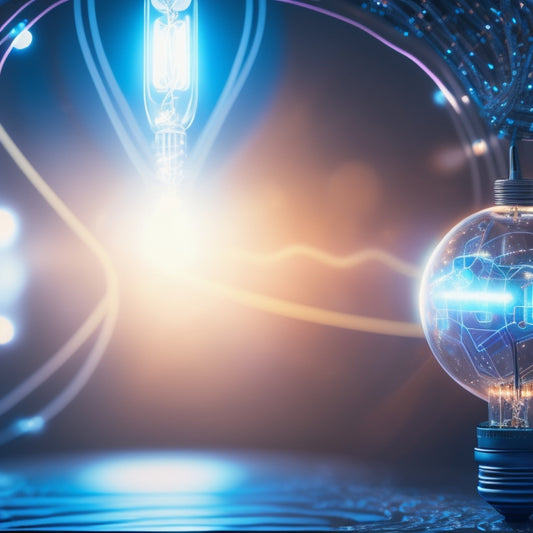 A futuristic, minimalist background with a large, glowing lightbulb at the center, surrounded by orbiting gears, circuits, and subtle, swirling patterns of code, conveying innovation and digital discovery.