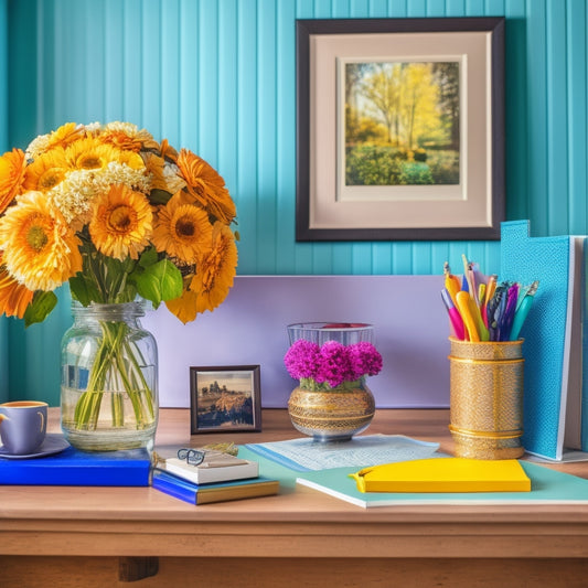 A colorful, clutter-free desk with a large, open planner in the center, surrounded by a tidy stack of pens, a vase with fresh flowers, and a few framed family photos in the background.