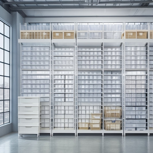 A modern, organized storage unit with rows of sleek metal shelves, stacked crates, and hanging bins, set against a clean white background, with a subtle DC, VA, MD cityscape visible through a blurred window.