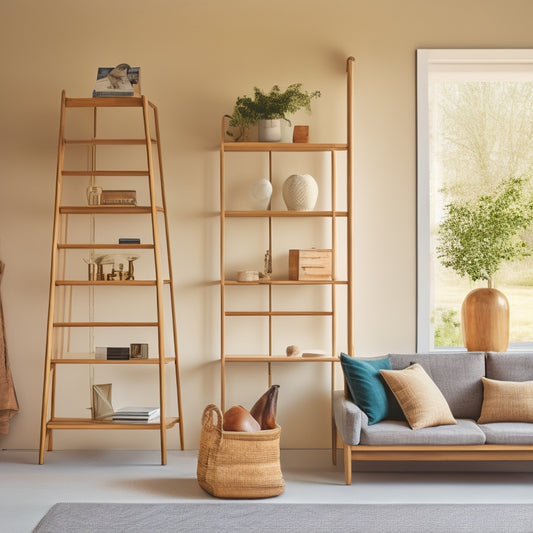 A serene, minimalist living room with floor-to-ceiling shelves in a natural wood tone, holding a few, carefully curated decorative objects, and a ladder leaning against the wall, surrounded by empty space.
