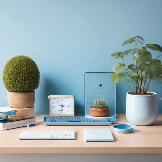 A serene, organized desk with a few, carefully placed objects: a tidy laptop, a small potted plant, and a minimalist clock, set against a calm, light-blue background, surrounded by subtle, gentle waves.