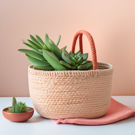 A stylish, woven storage basket with a hollow pattern design, placed on a minimalist white background, surrounded by a few neatly folded pastel-colored towels and a small potted succulent.
