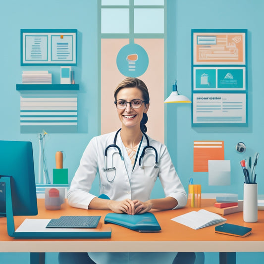 A modern, minimalist illustration featuring a smiling female doctor, Jane, sitting at a desk with a laptop and organized files, surrounded by subtle medical and insurance icons, conveying efficiency and expertise.