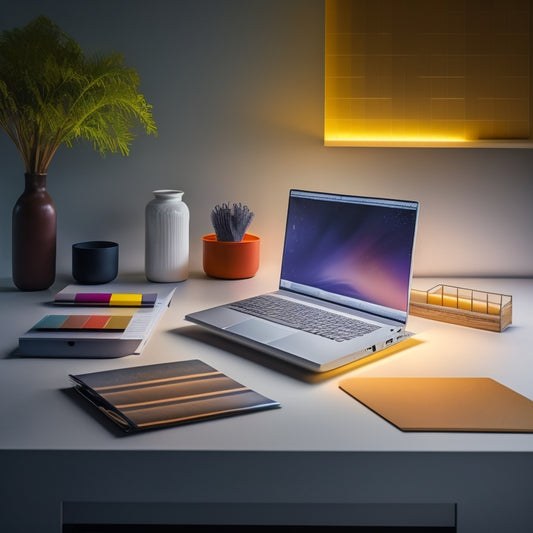 A futuristic, minimalist desk with a sleek laptop, a tidy stack of color-coded files, and a few scattered yet organized notes, amidst a subtle grid background, illuminated by a soft, warm light.