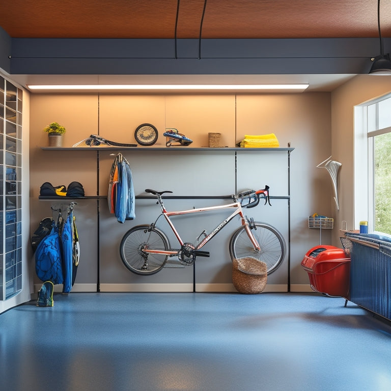 A clutter-free garage interior with sleek, wall-mounted shelves and cabinets, featuring a few bicycles, storage bins, and a single, gleaming sports car, illuminated by soft, natural light.