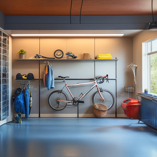 A clutter-free garage interior with sleek, wall-mounted shelves and cabinets, featuring a few bicycles, storage bins, and a single, gleaming sports car, illuminated by soft, natural light.