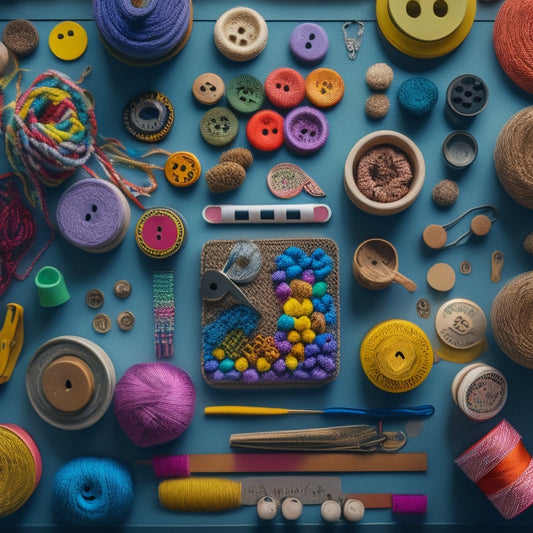 A colorful, overhead shot of a tidy desk with variously sized buttons arranged in creative patterns and shapes, surrounded by scissors, threads, and other crafting tools.