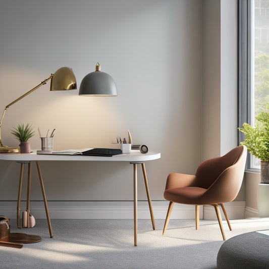 A minimalist, sunlit room with a sleek, low-profile desk, a comfortable ergonomic chair, and a few, carefully curated personal items, surrounded by ample negative space and calming, muted colors.